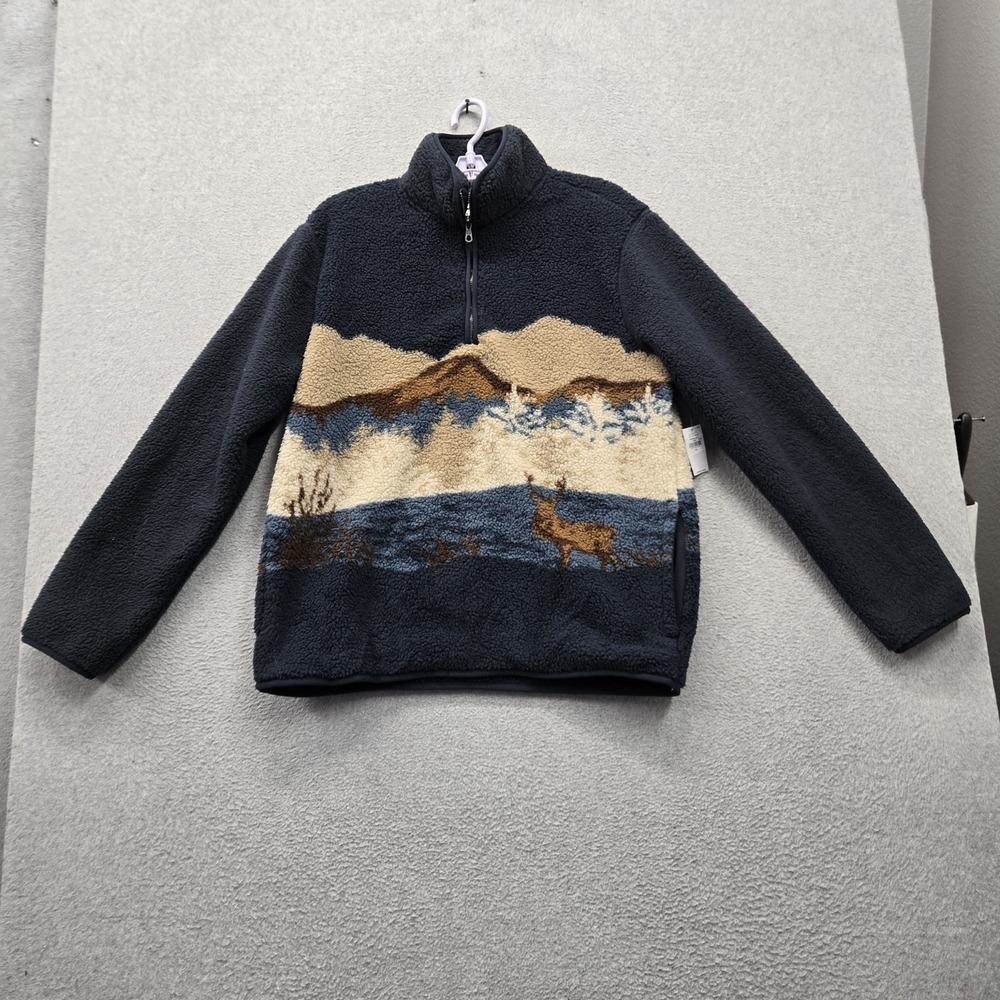 Old Navy Men Sweater M Navy Graphic Fleece Deer Mountains Pullover Zipper